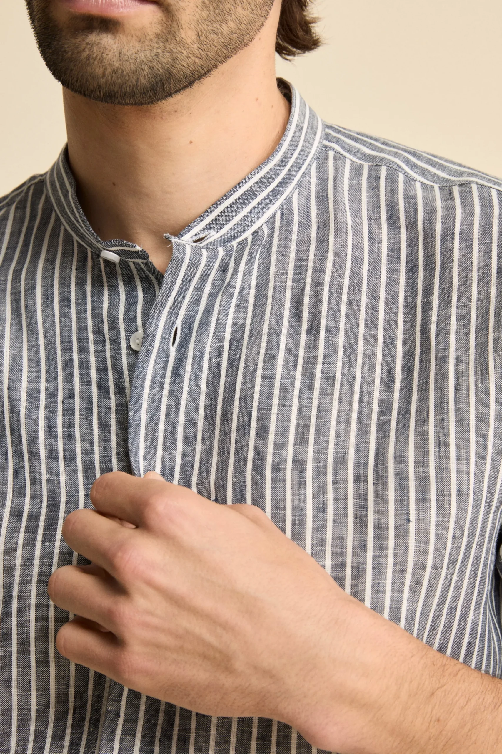 Camicia Rigata Custom Fit con Collo Coreana in Lino - BLU RIGATO