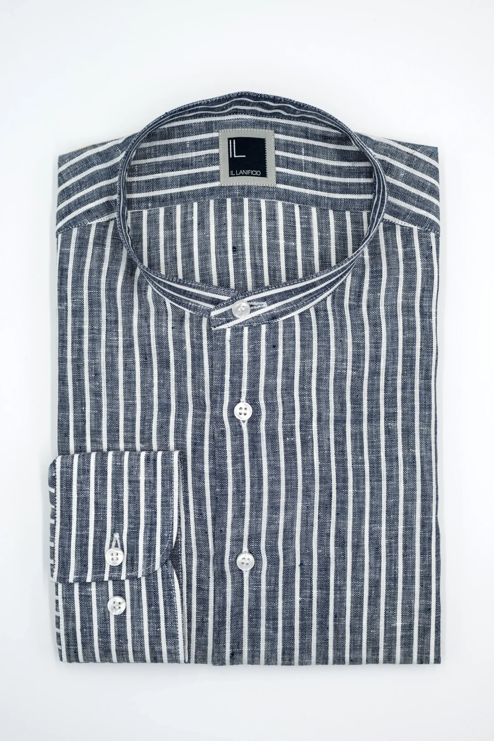 Camicia Rigata Custom Fit con Collo Coreana in Lino - BLU RIGATO