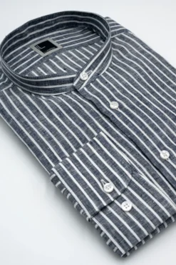 Camicia Rigata Custom Fit con Collo Coreana in Lino - BLU RIGATO