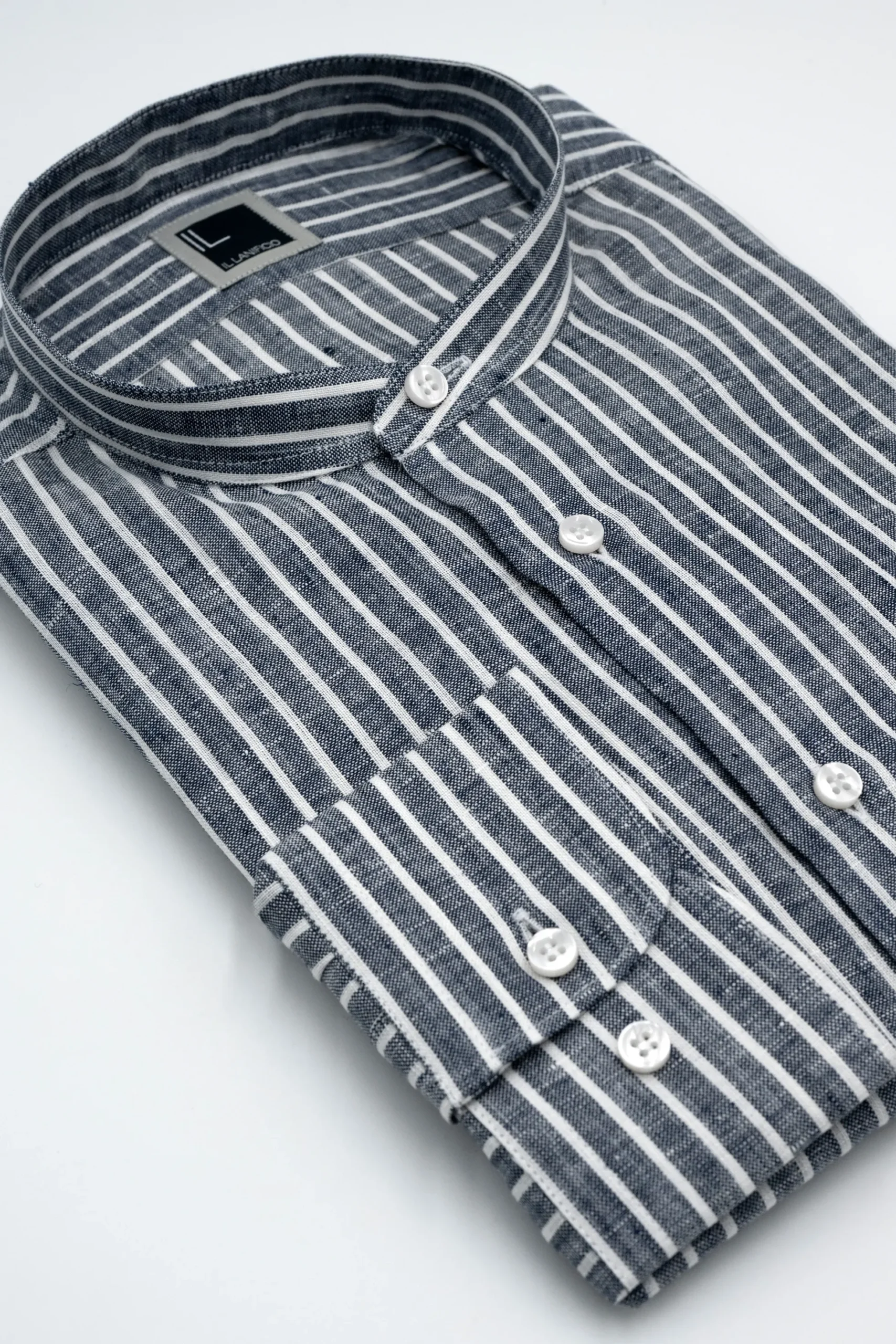 Camicia Rigata Custom Fit con Collo Coreana in Lino - BLU RIGATO