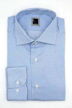 Camicia Rigata Slim Fit con Collo Francese - RIGATO BIANCO/AZZURRO