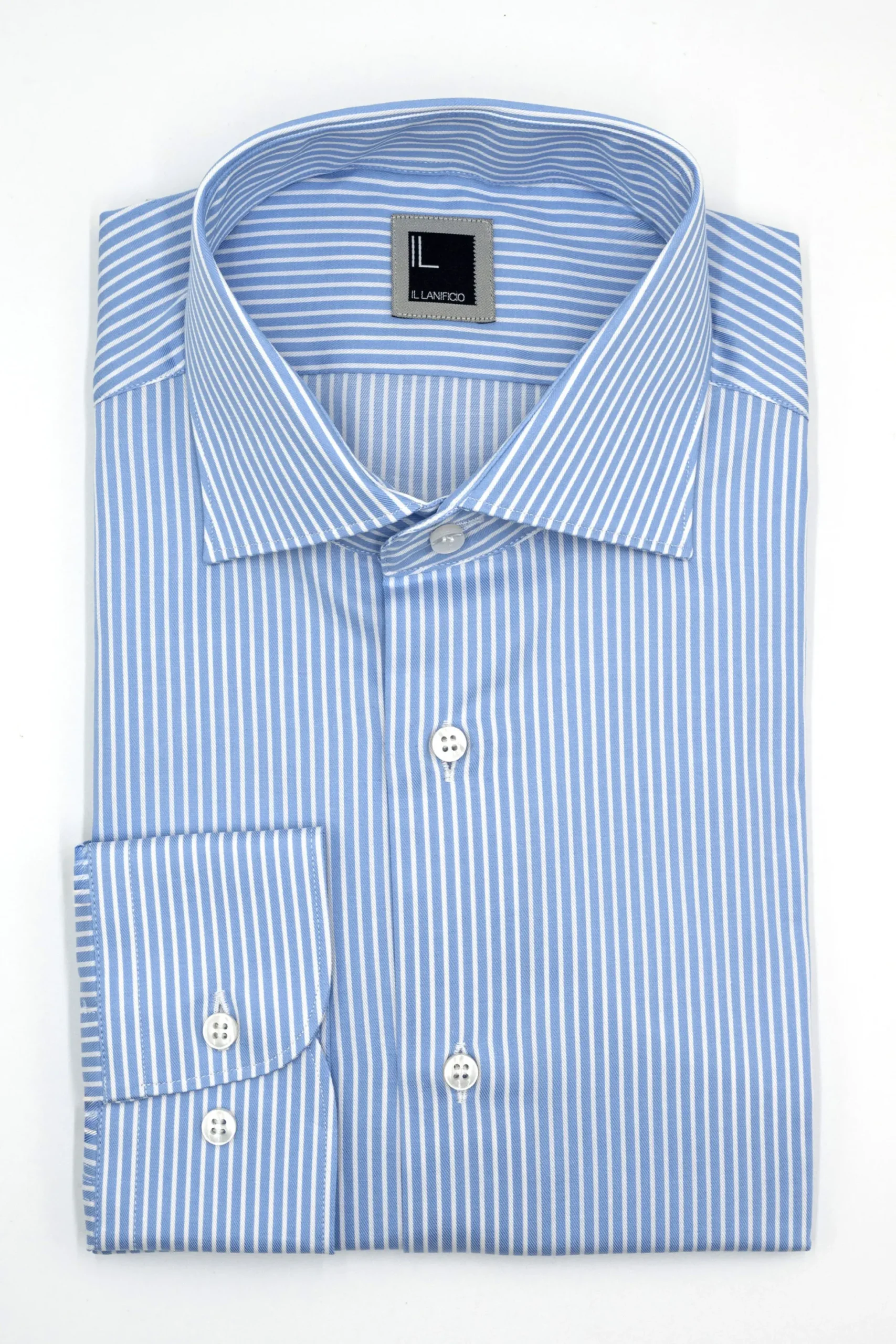 Camicia Rigata Slim Fit con Collo Francese - RIGATO BIANCO/AZZURRO