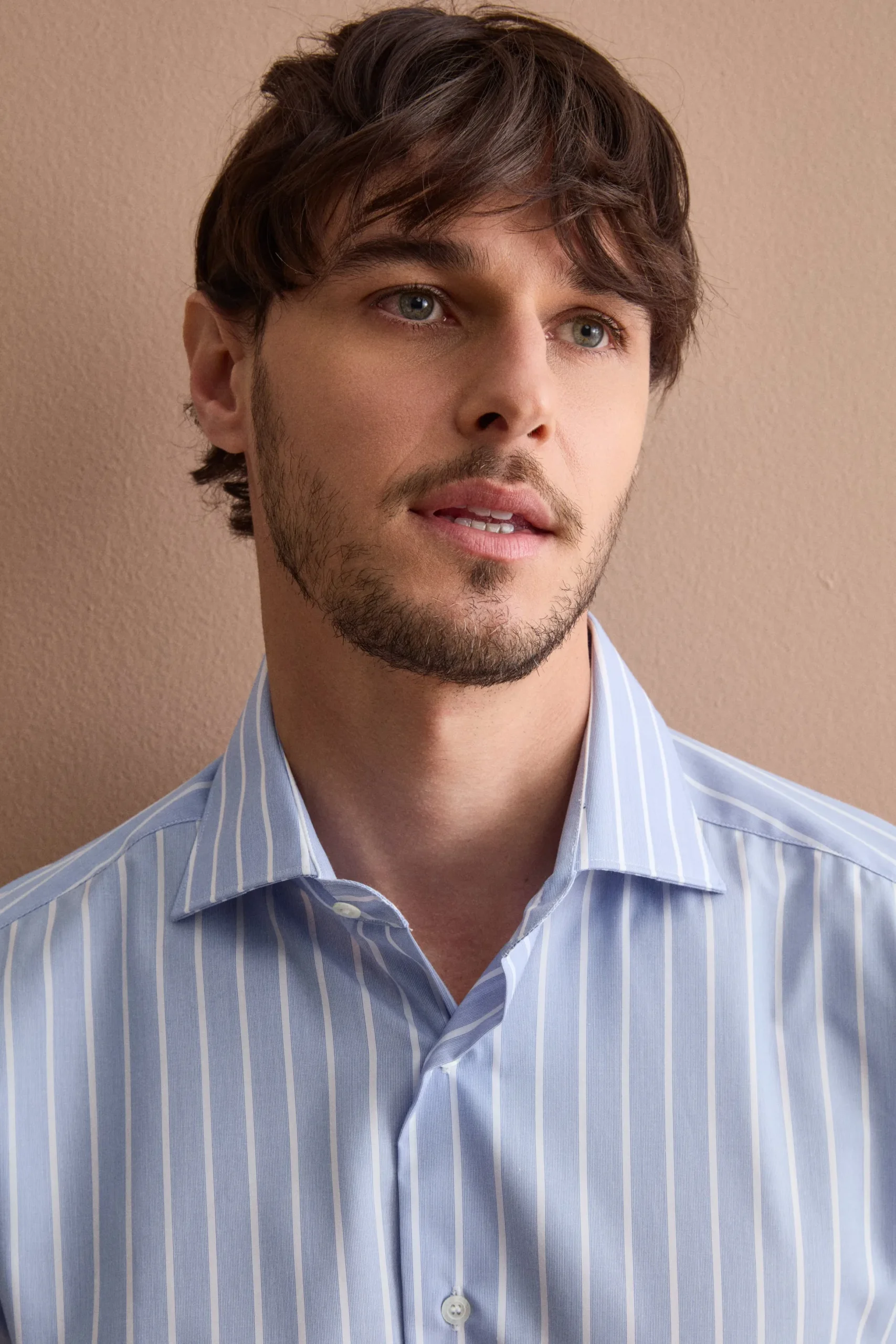 Camicia Slim a Righe in Cotone Doppio Ritorto - AZZURRO RIGATO