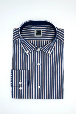 Camicia Slim Fit a Righe Button Down - RIGATO BLU/BEIGE