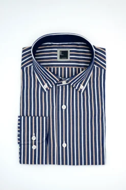 Camicia Slim Fit a Righe Button Down - RIGATO BLU/BEIGE