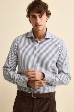 Camicia Slim Fit in Cotone con Collo Francese - BLU RIGATO