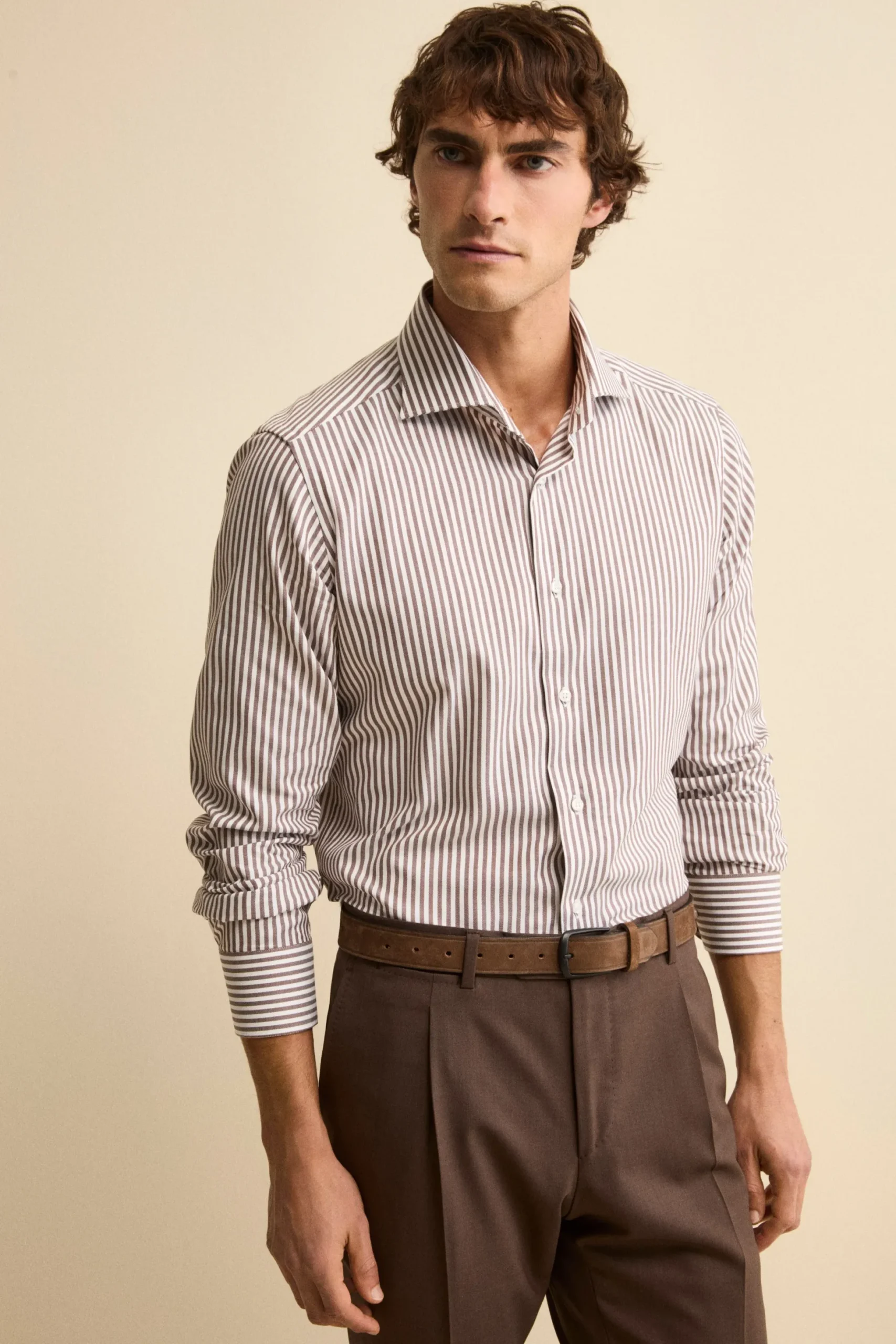Camicia Slim Fit in Cotone con Collo Francese - MARRONE RIGATO