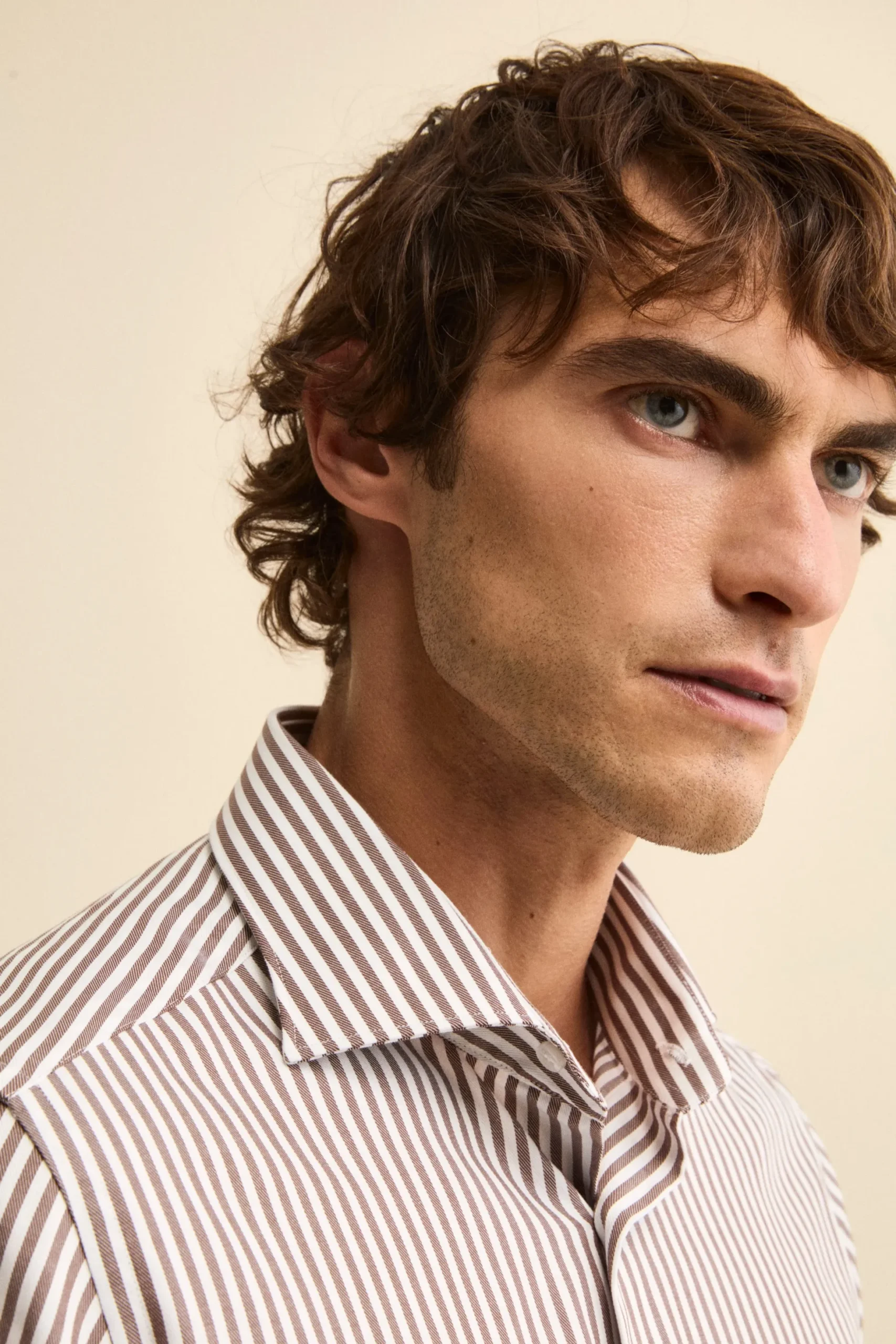 Camicia Slim Fit in Cotone con Collo Francese - MARRONE RIGATO