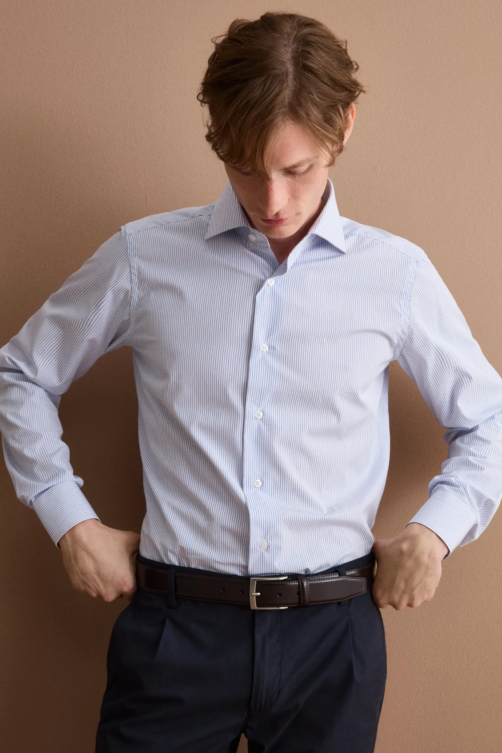 Camicia Slim Fit in Cotone Doppio Ritorto - BIANCO RIGATO