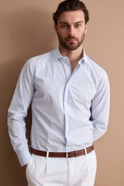 Camicia Slim Fit No Iron in Cotone - RIGATO BIANCO/AZZURRO