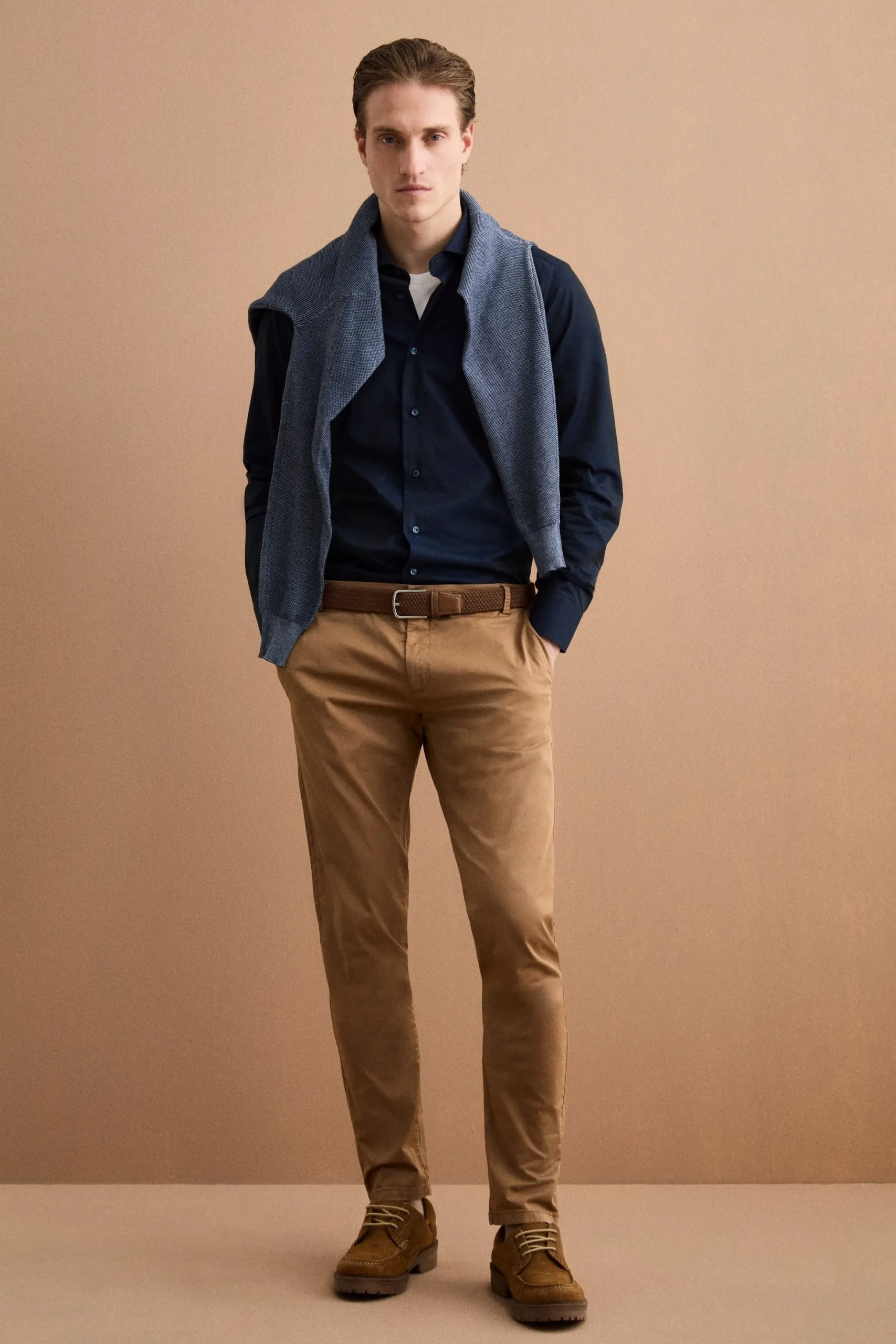 Camicia slim twill collo francese - BLU