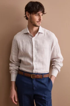 Camicia Uomo Casual Regular Fit in Lino - NOCCIOLA RIGATO