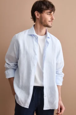 Camicia Uomo Casual Regular Fit in Lino - AZZURRO RIGATO