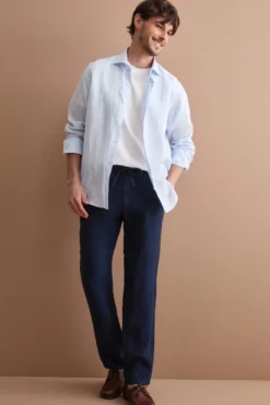 Camicia Uomo Casual Regular Fit in Lino - AZZURRO RIGATO