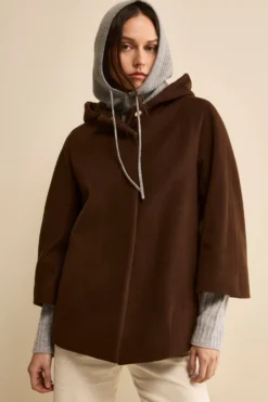 Cappa in Lana e Cashmere Foderata con Cappuccio - MARRONE