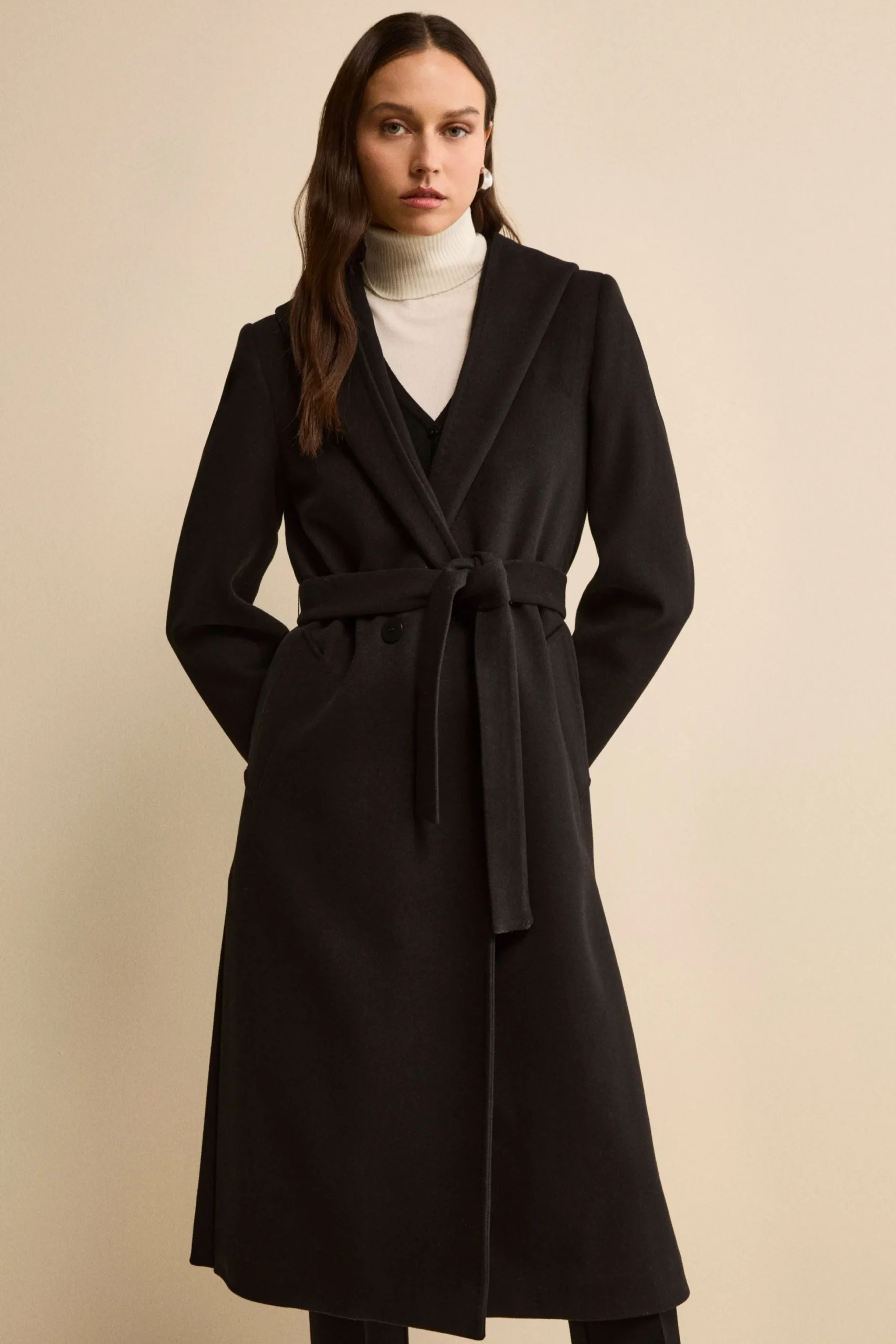 Cappotto Lungo con Cintura e Cappuccio - NERO