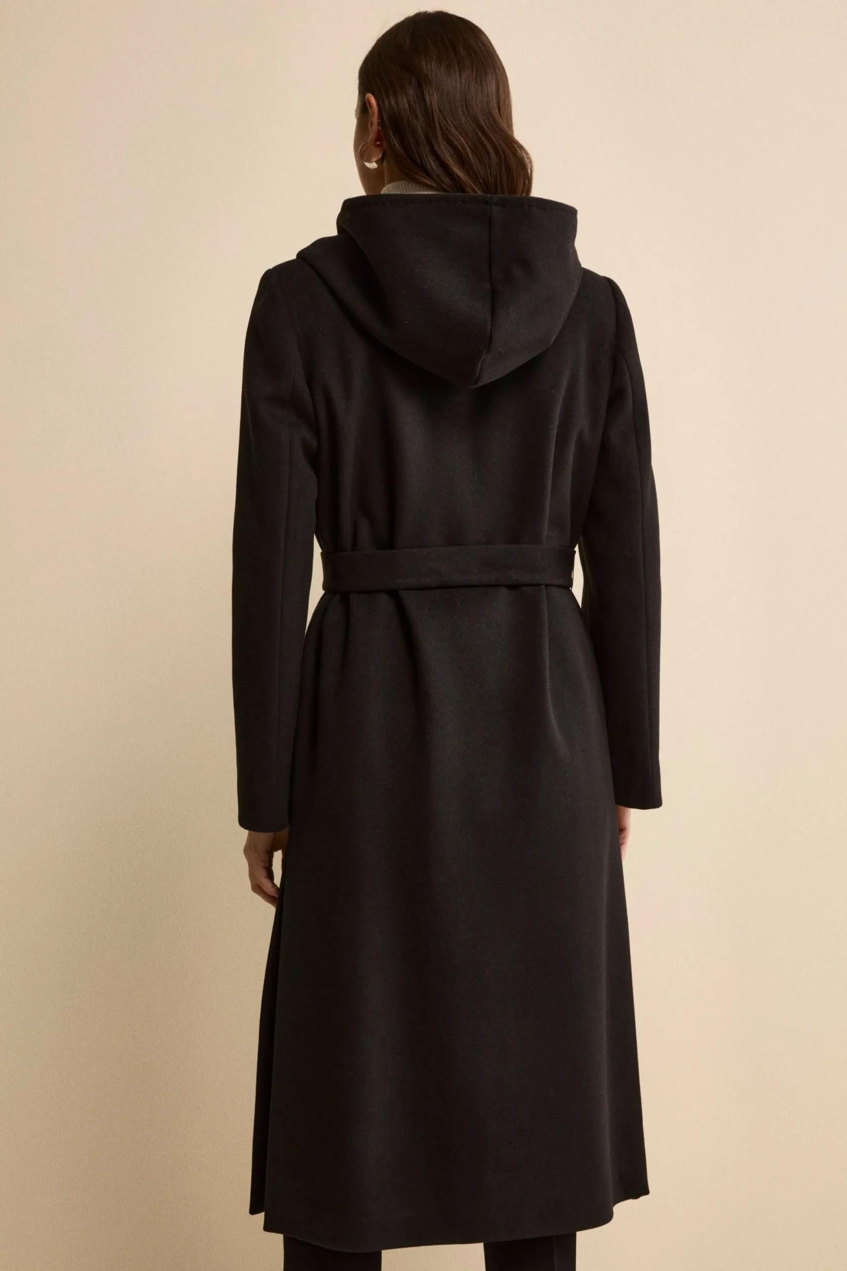 Cappotto Lungo con Cintura e Cappuccio - NERO