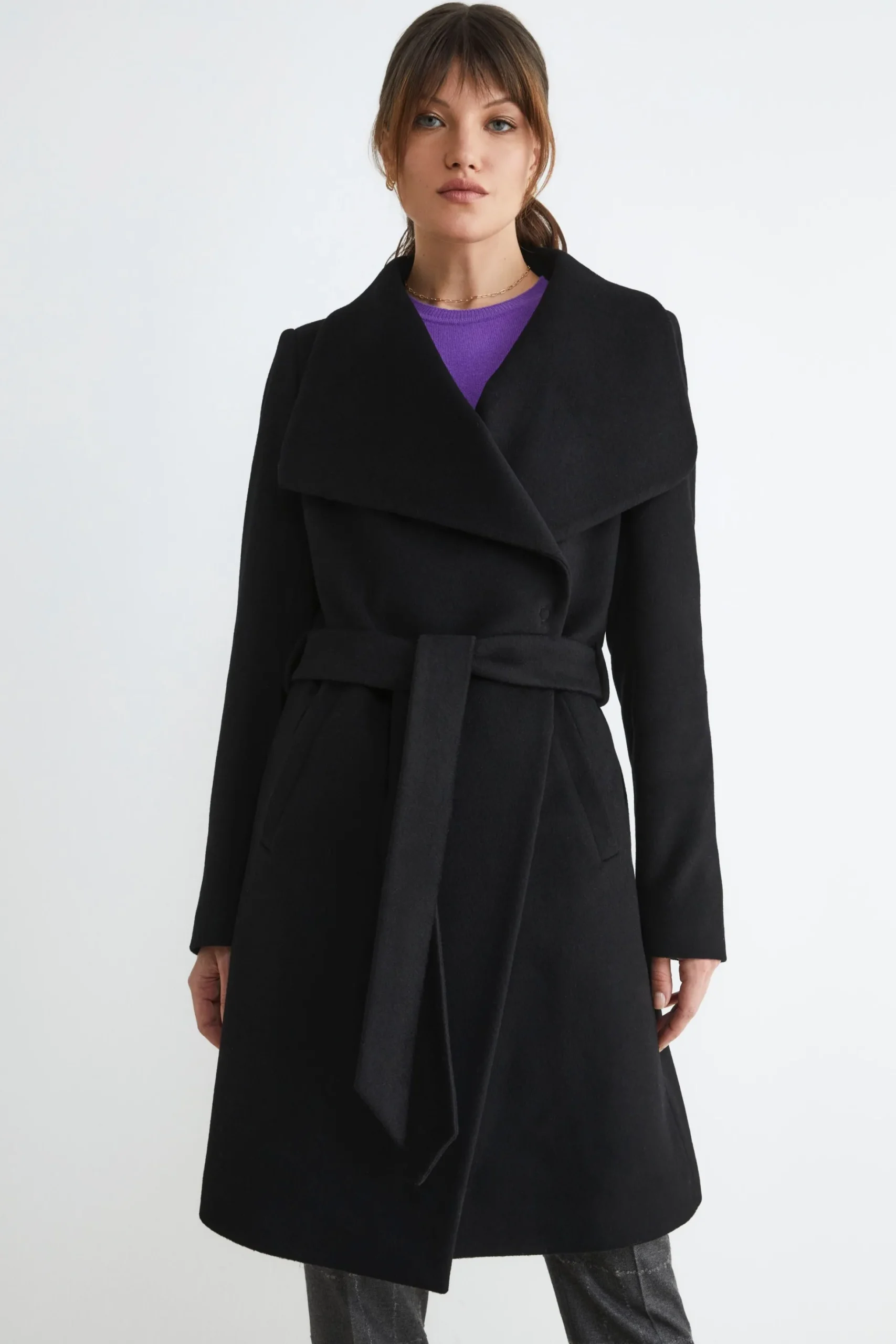 Cappotto lungo con cintura - NERO