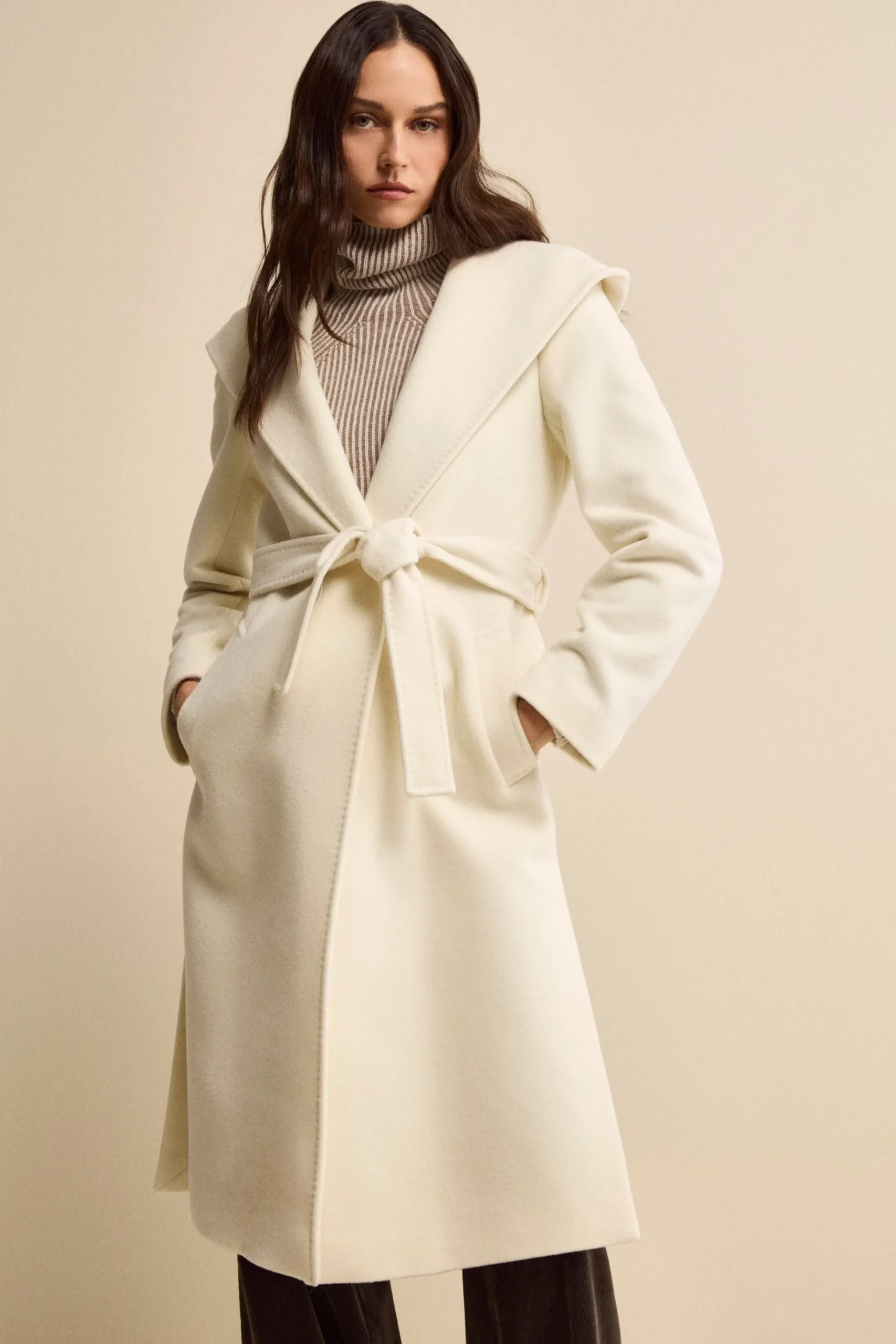Cappotto Lungo in Lana e Cashmere con Cappuccio - PANNA