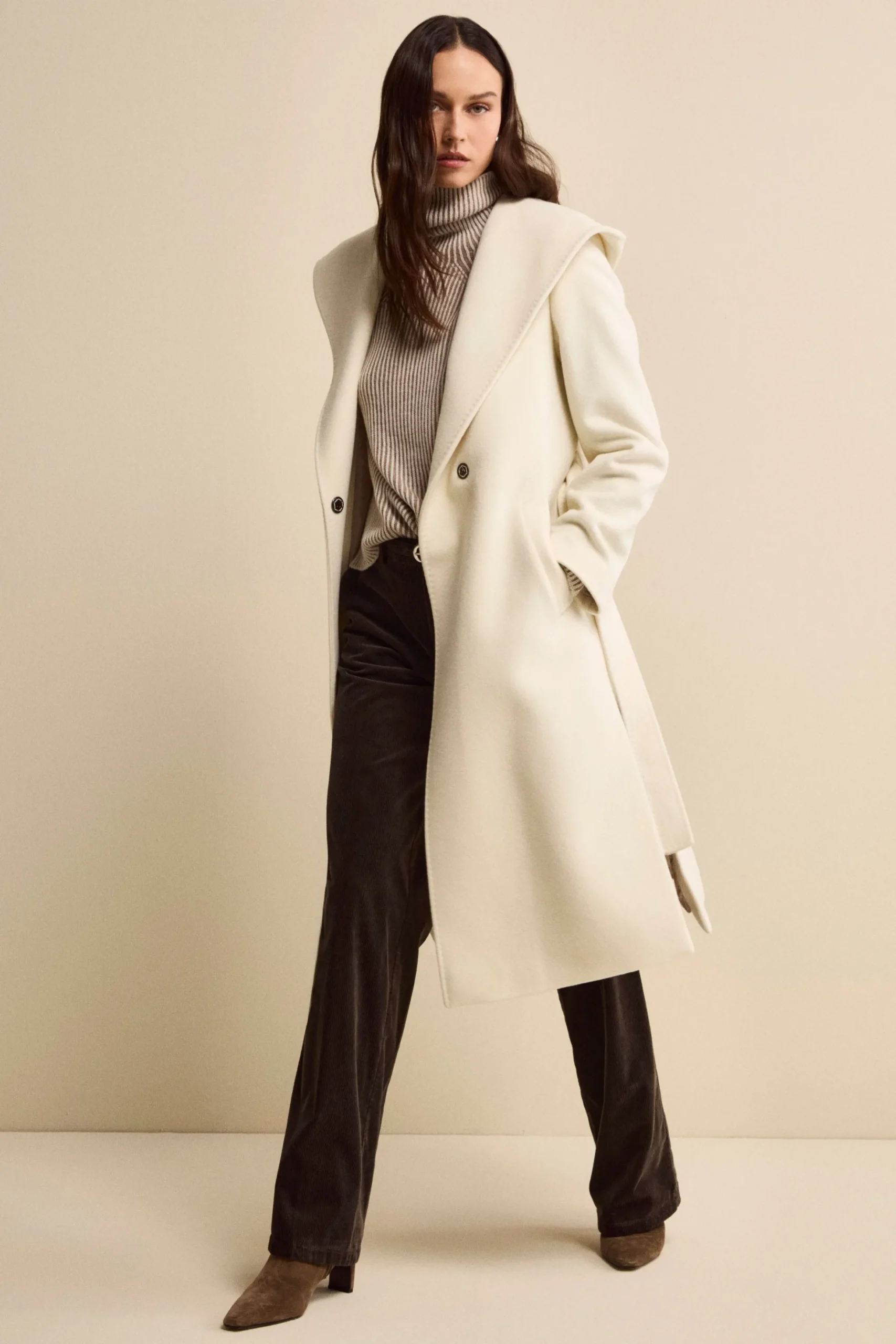 Cappotto Lungo in Lana e Cashmere con Cappuccio - PANNA