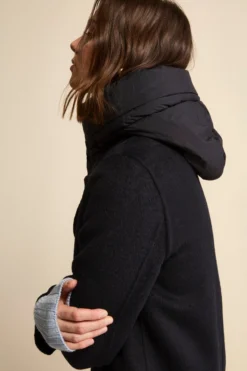 Cappotto Lungo in Misto Lana con Pettorina e Cappuccio - BLU