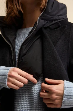Cappotto Lungo in Misto Lana con Pettorina e Cappuccio - BLU