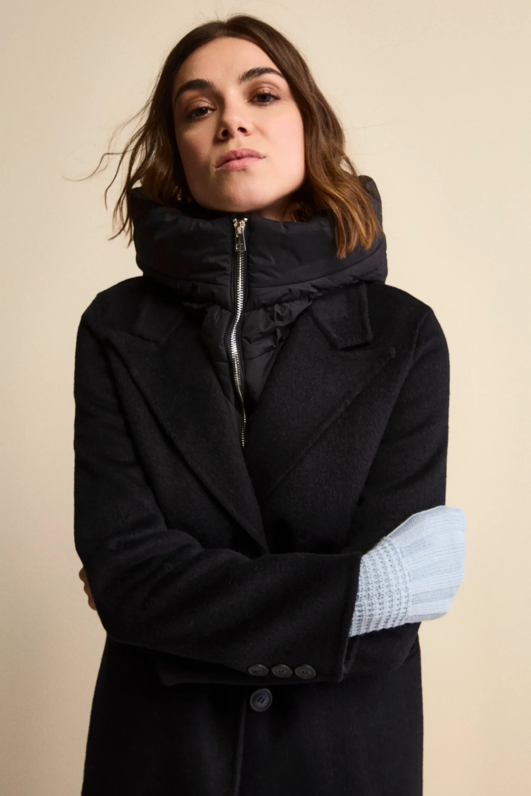 Cappotto Lungo in Misto Lana con Pettorina e Cappuccio - BLU