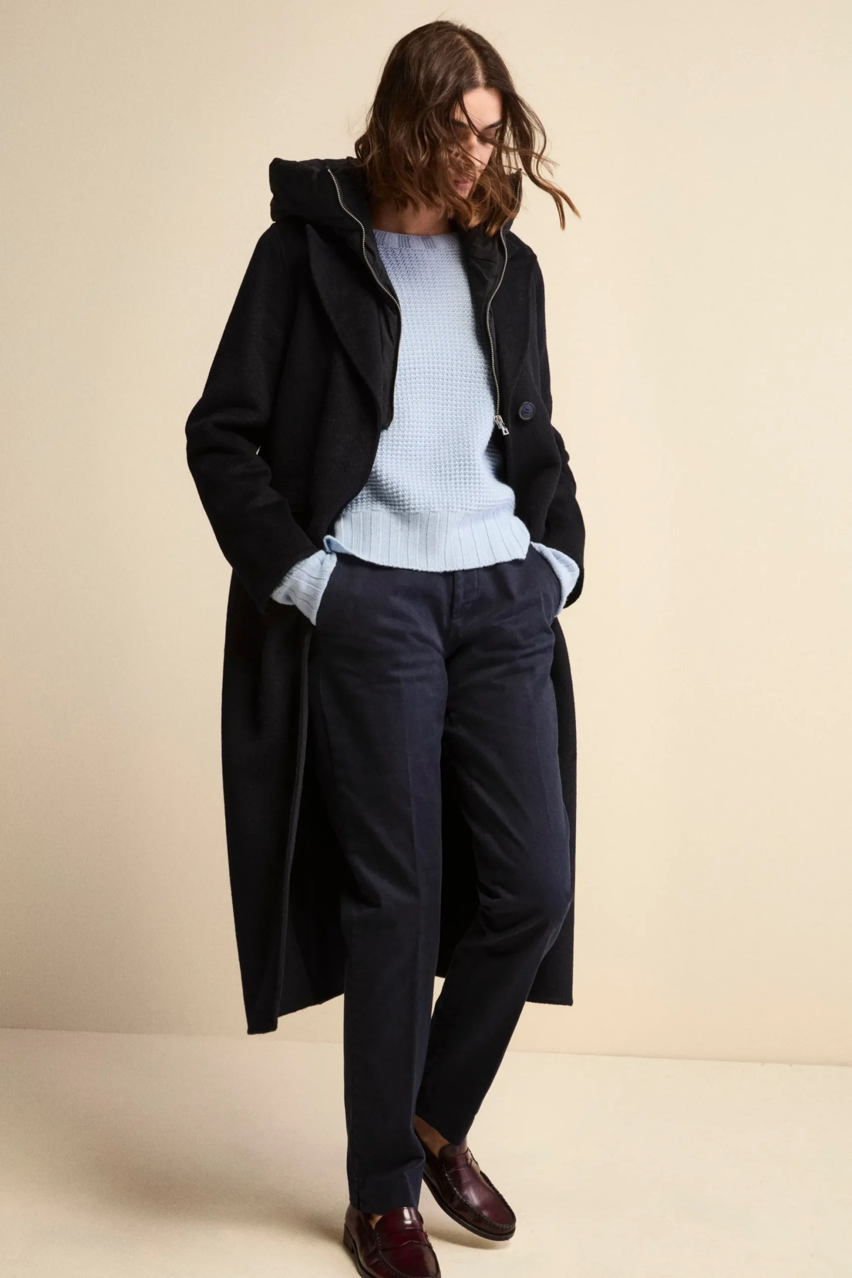 Cappotto Lungo in Misto Lana con Pettorina e Cappuccio - BLU