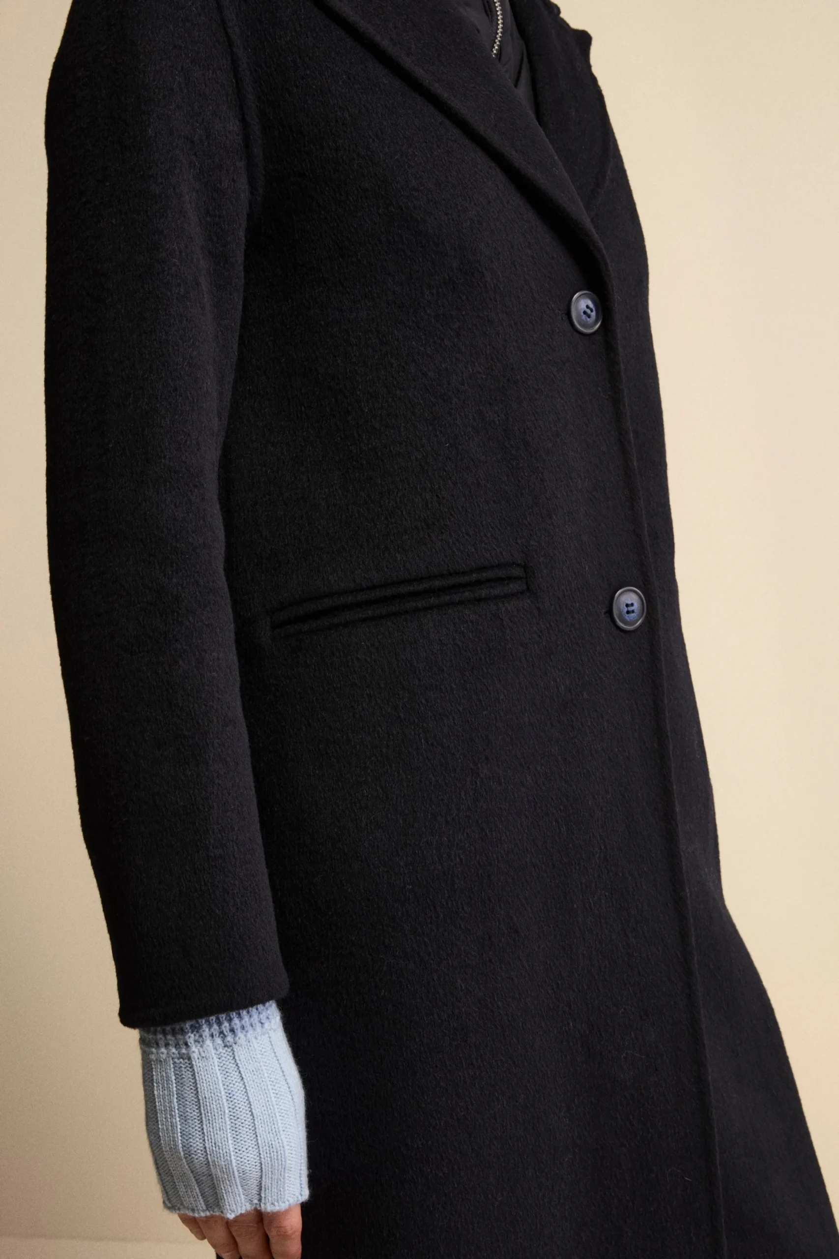Cappotto Lungo in Misto Lana con Pettorina e Cappuccio - BLU