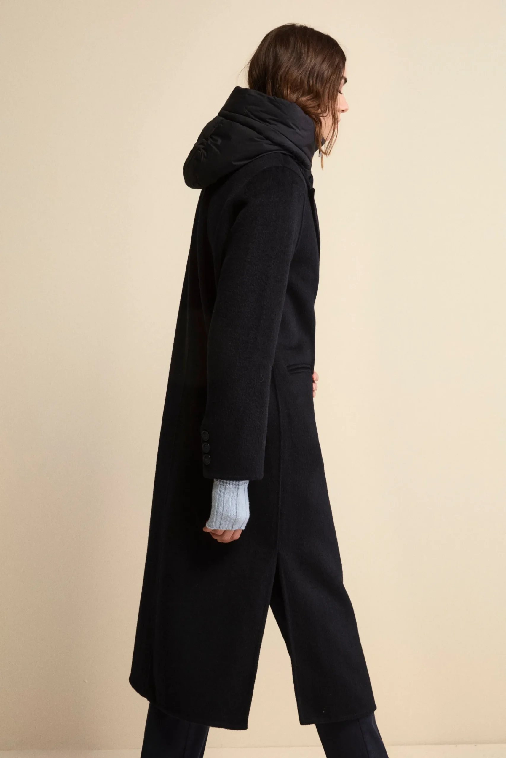 Cappotto Lungo in Misto Lana con Pettorina e Cappuccio - BLU