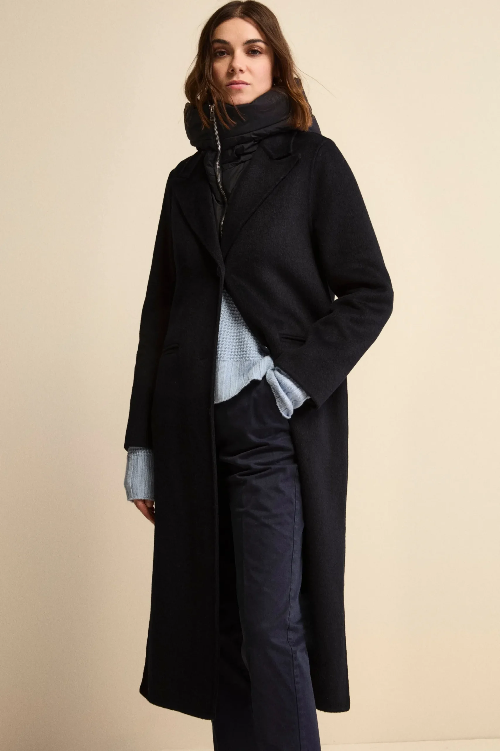 Cappotto Lungo in Misto Lana con Pettorina e Cappuccio - BLU