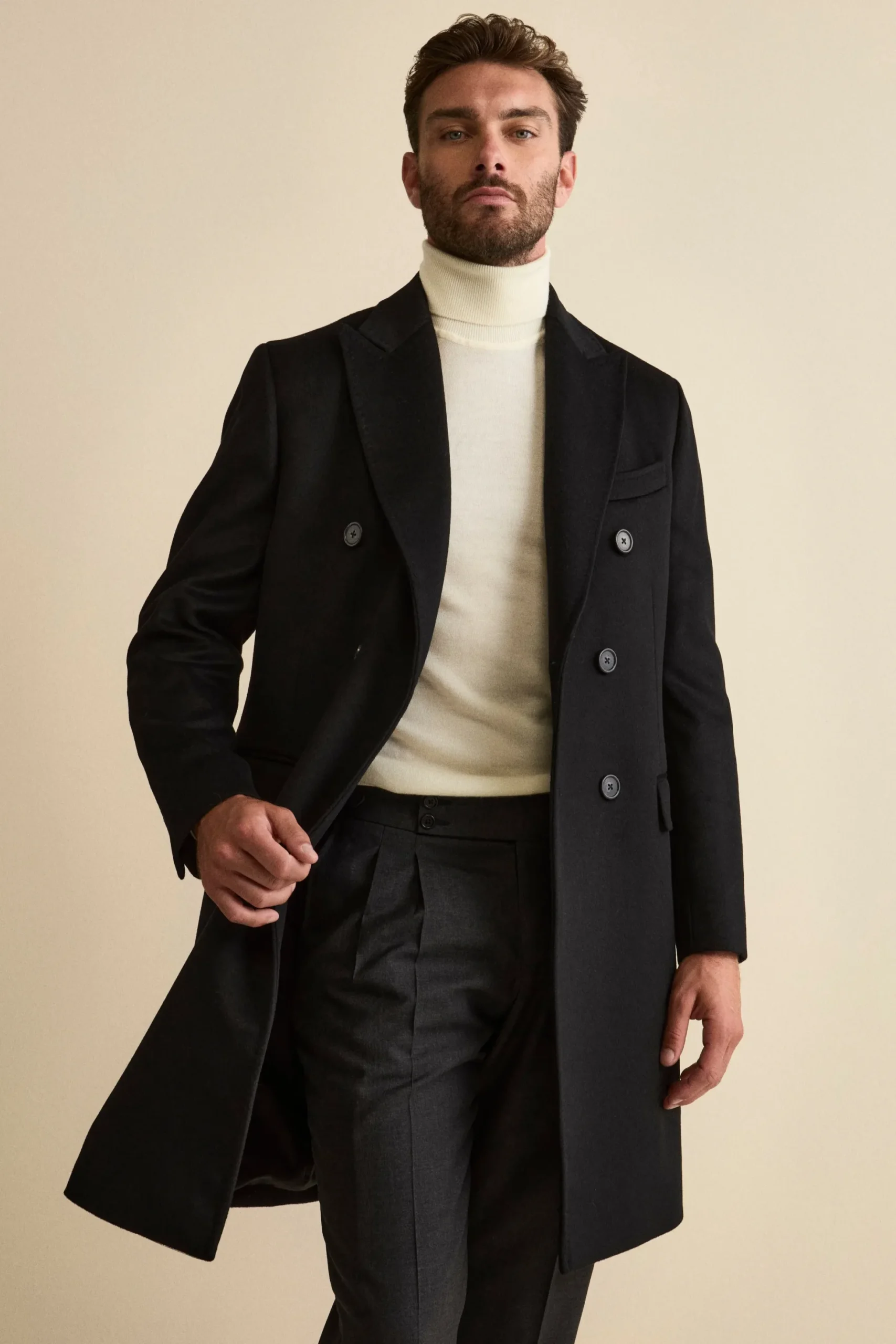 Cappotto Midi Doppiopetto in Misto Lana e Cashmere con Martingala - NERO
