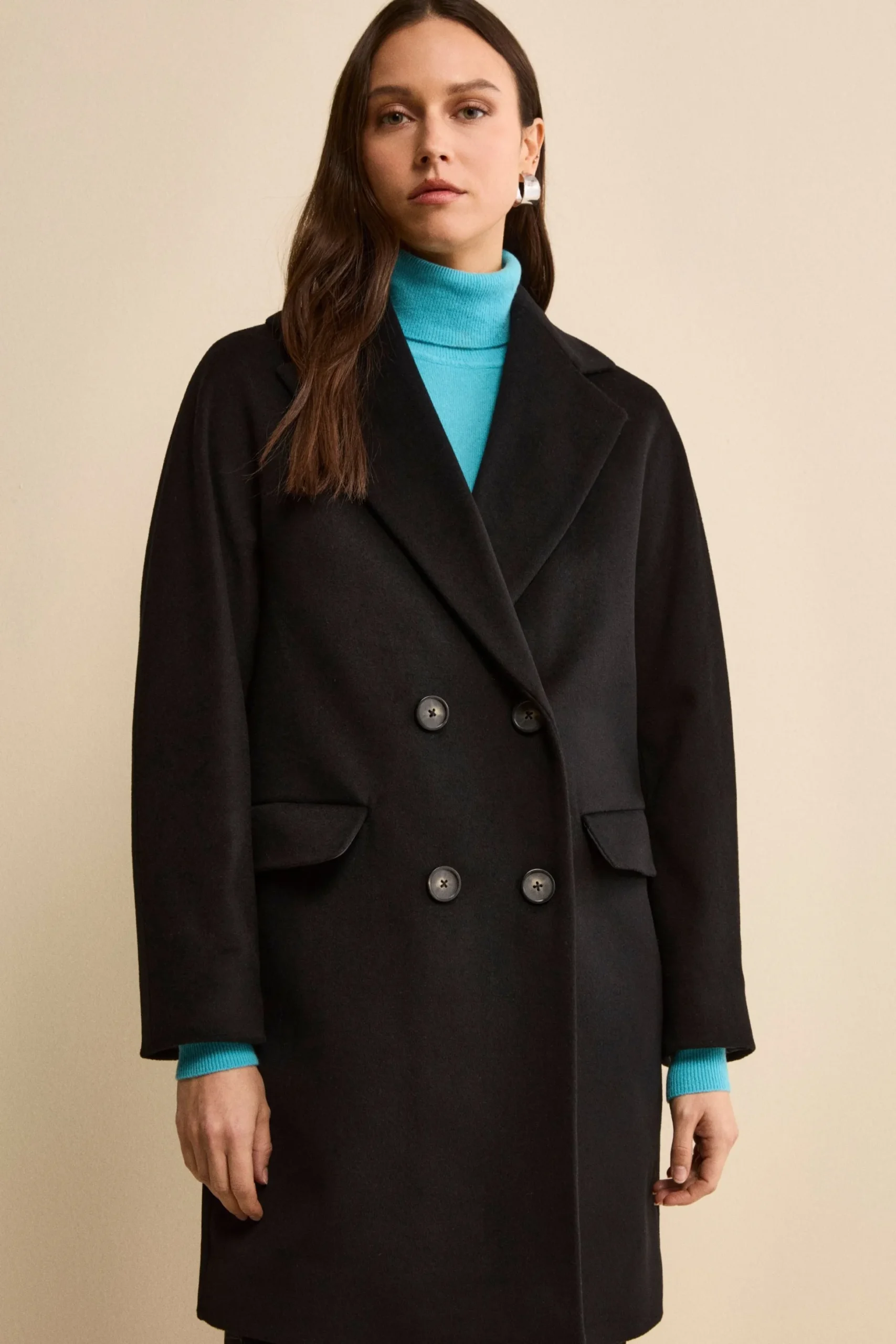 Cappotto Midi Doppiopetto in Misto Lana e Cashmere - NERO