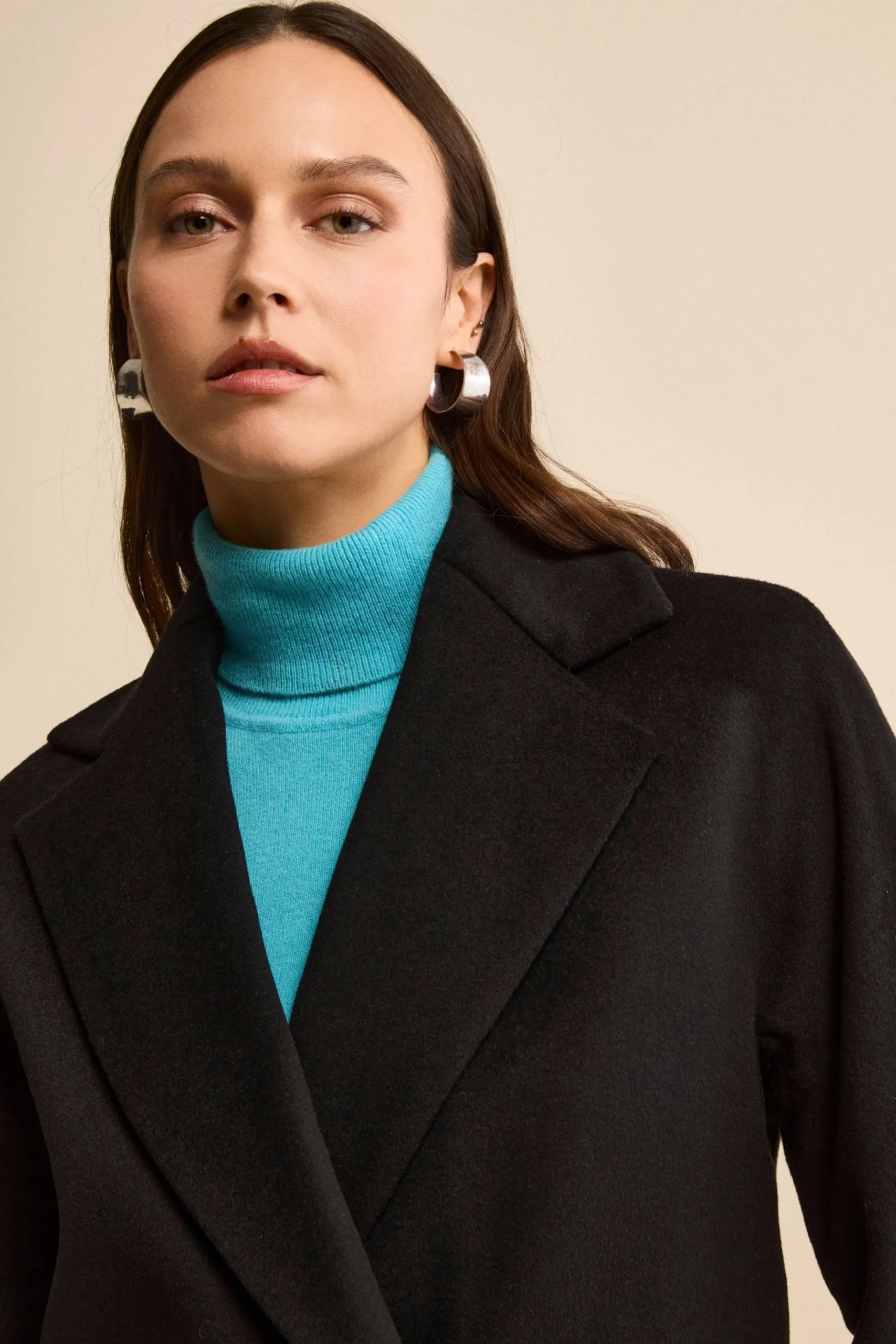 Cappotto Midi Doppiopetto in Misto Lana e Cashmere - NERO