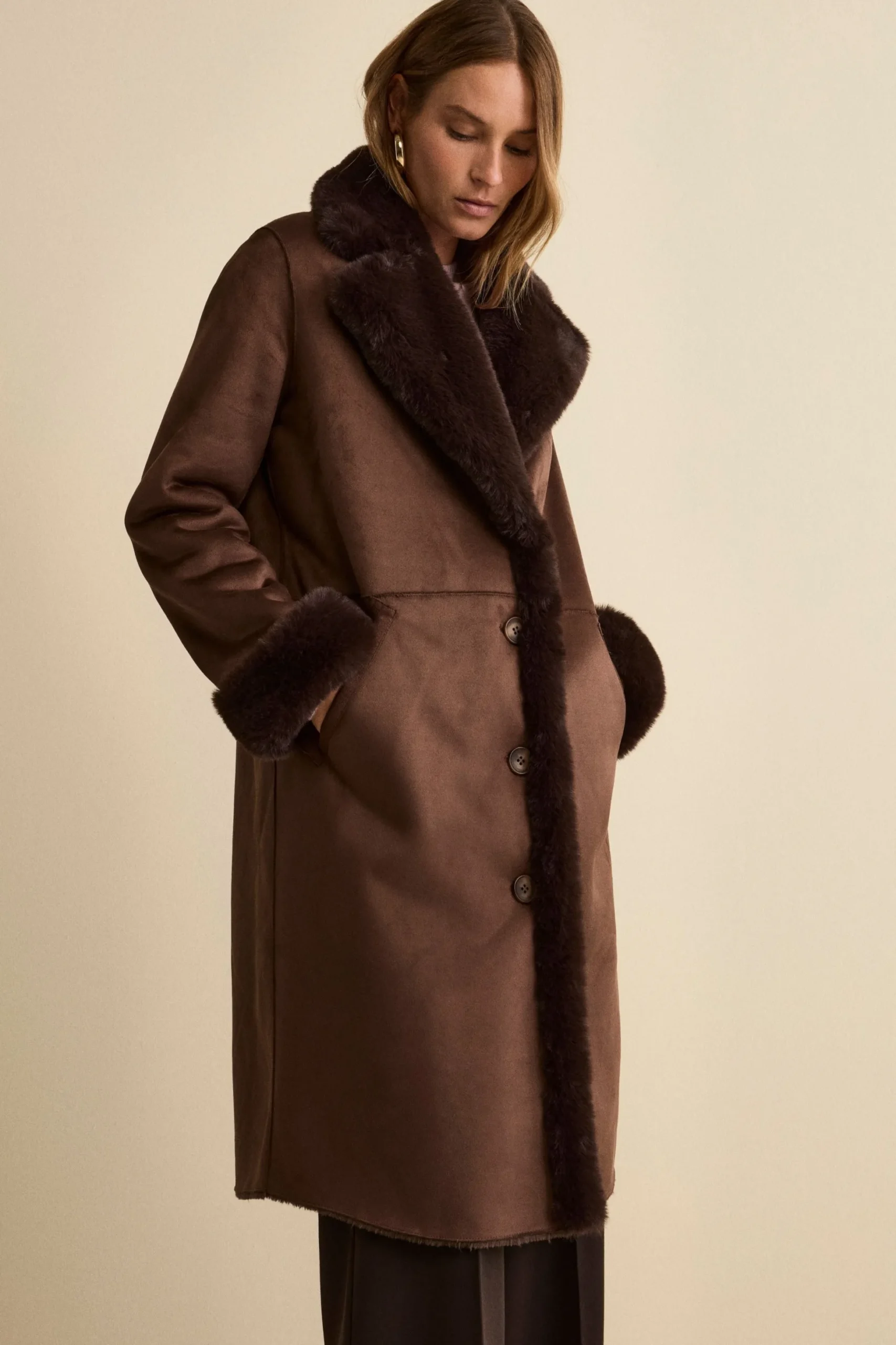 Cappotto Midi Eco-Montone - MARRONE SCURO