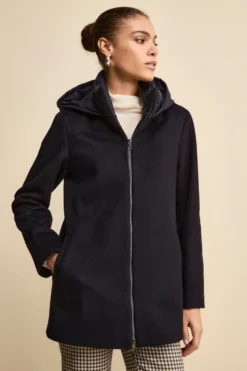Cappotto Midi in Lana e Cashmere con Zip e Cappuccio - BLU