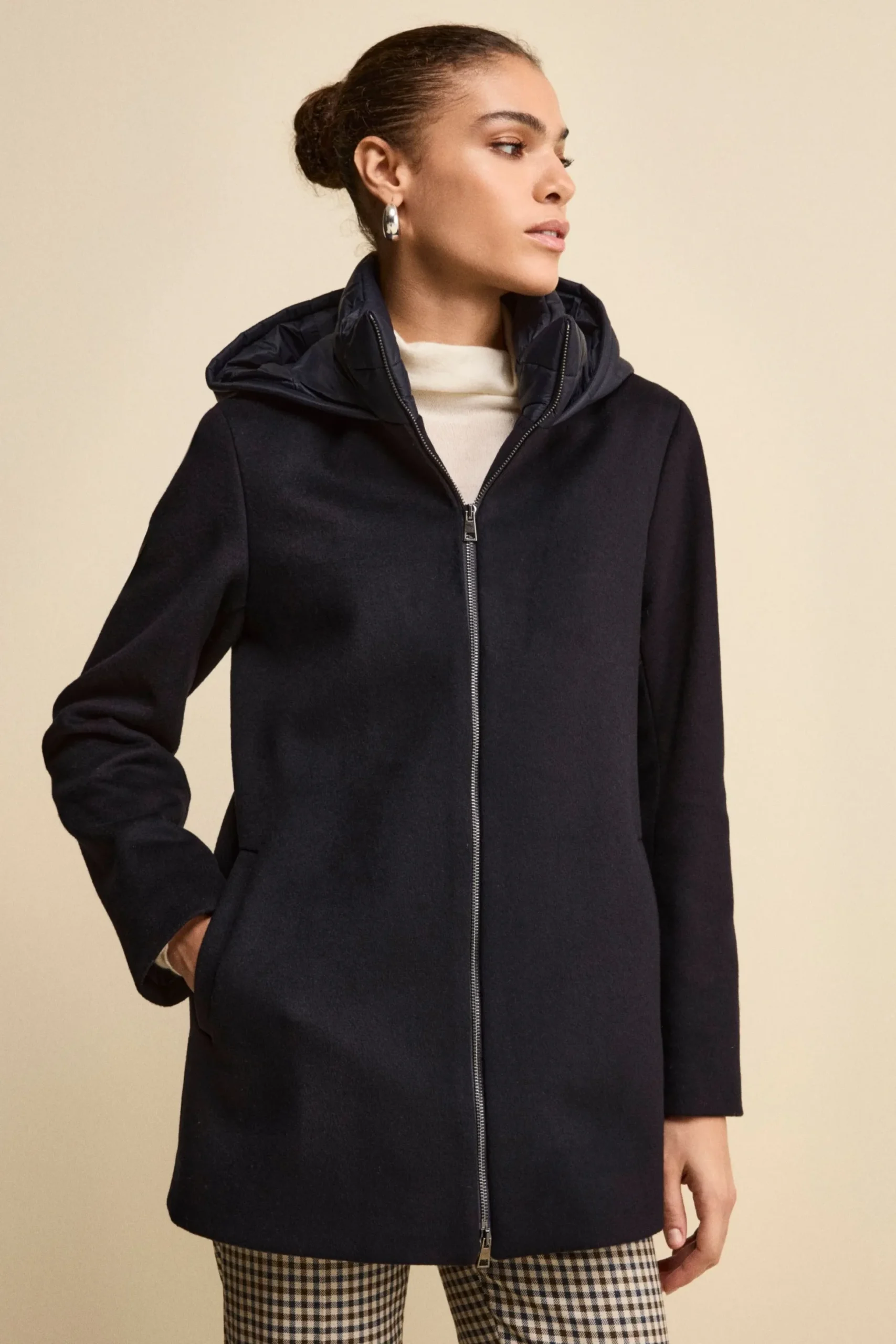 Cappotto Midi in Lana e Cashmere con Zip e Cappuccio - BLU