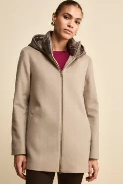 Cappotto Midi in Lana e Cashmere con Zip e Cappuccio - NOCCIOLA