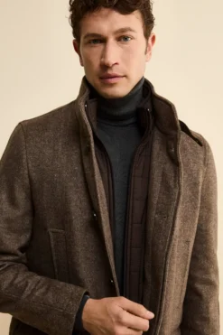 Cappotto Midi Spigato in Misto Lana e Cashmere - MARRONE MELANGE