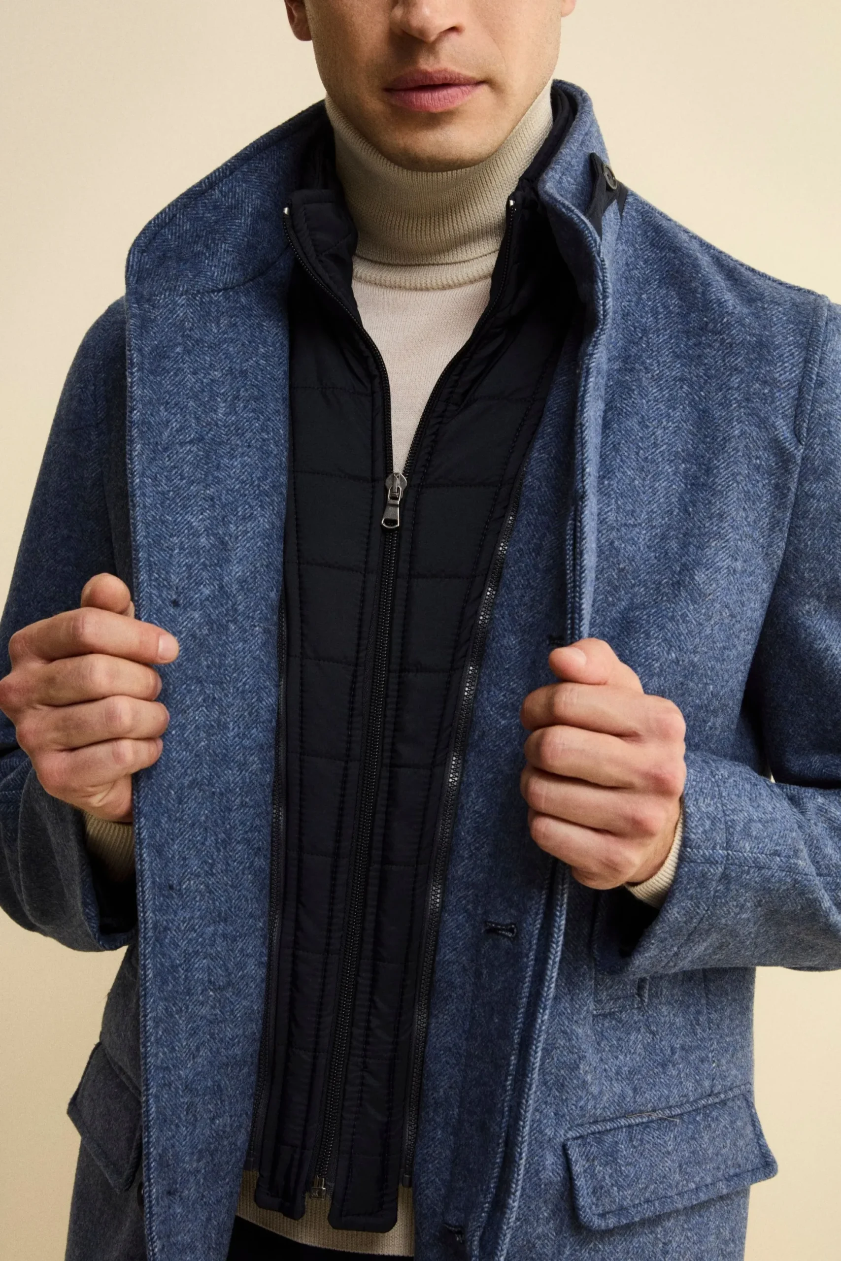 Cappotto Midi Spigato in Misto Lana e Cashmere - AZZURRO MELANGE