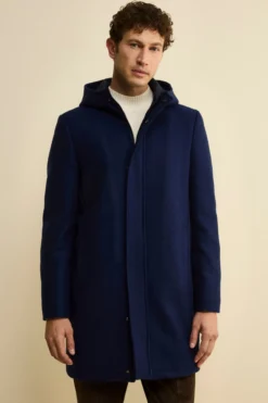 Cappotto Twill in Misto Lana con Zip e Cappuccio - BLU