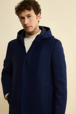 Cappotto Twill in Misto Lana con Zip e Cappuccio - BLU