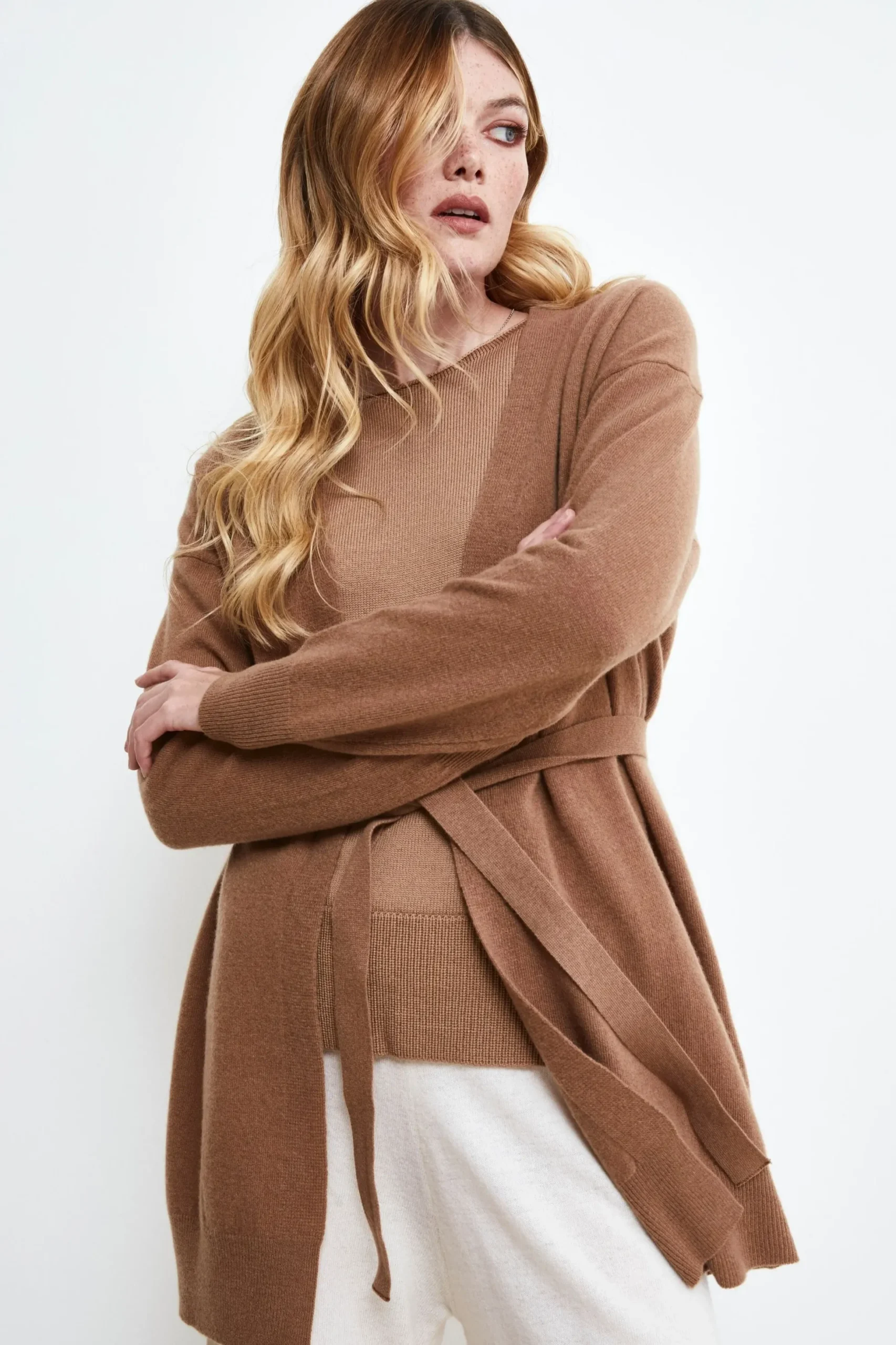 Cardigan con Cintura in Lana e Cashmere - CAMMELLO