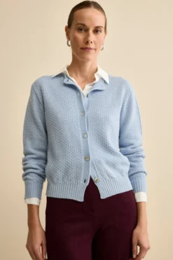 Cardigan in Lana Merino Traforato con Collo Coreana - AZZURRO