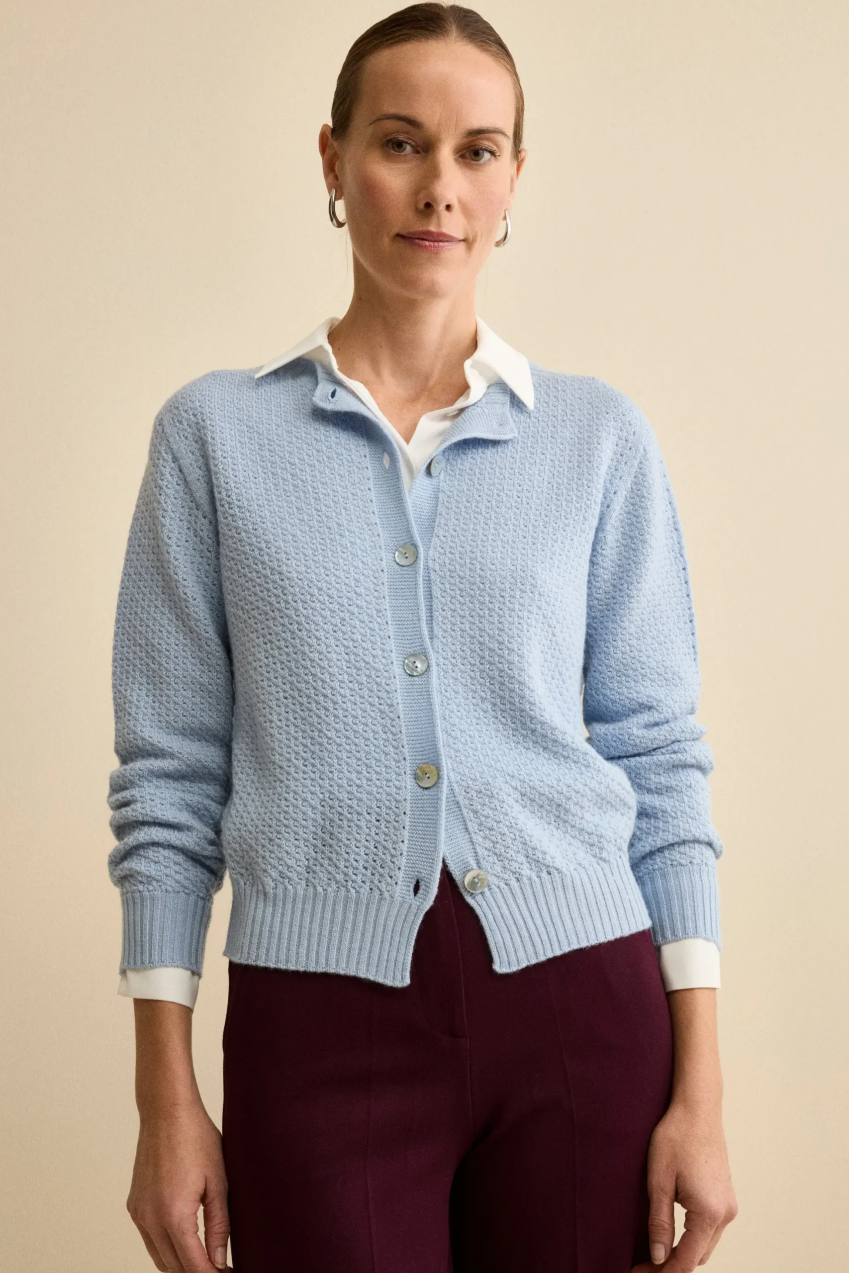Cardigan in Lana Merino Traforato con Collo Coreana - AZZURRO