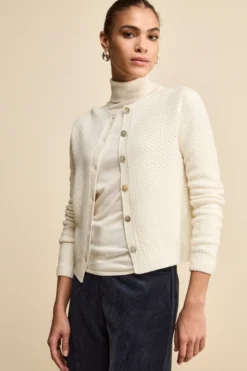 Cardigan in Lana Merino Traforato con Collo Coreana - ECRU