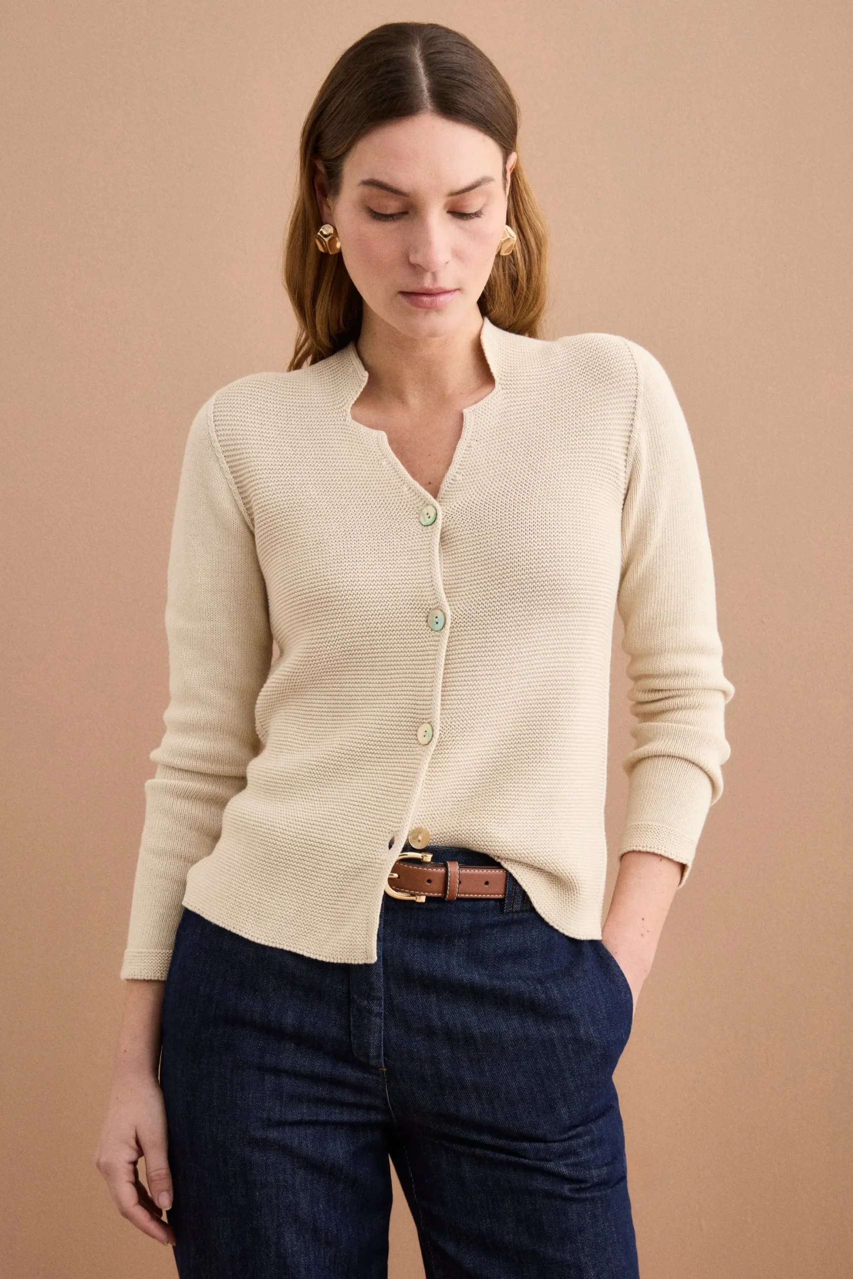Cardigan Links Scollo a V in Cotone - VANIGLIA