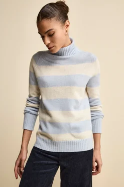 Dolcevita a Righe in Lana e Cashmere con Manica Raglan - AZZURRO/ECRU