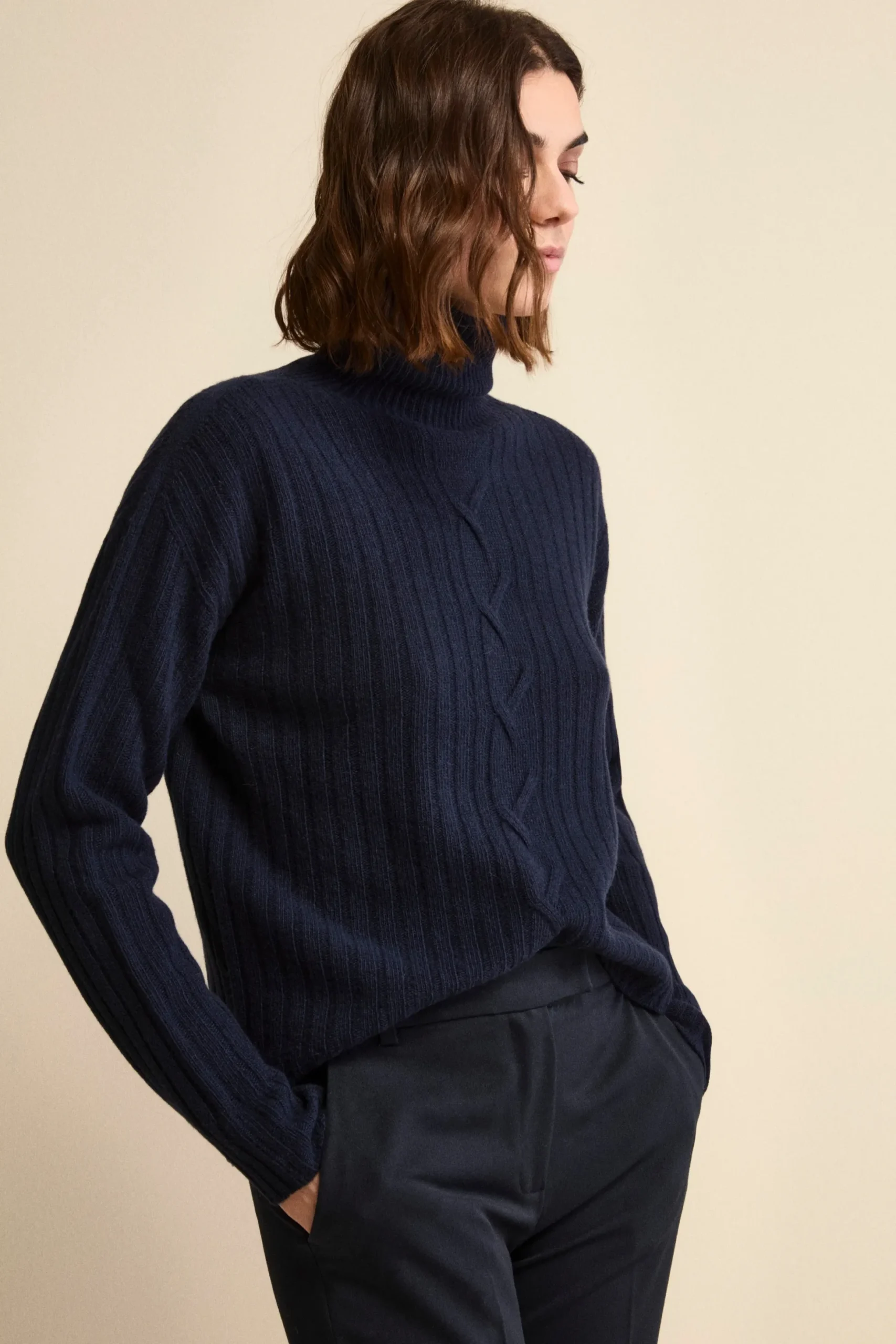 Dolcevita in Lana e Cashmere con Treccia - BLU