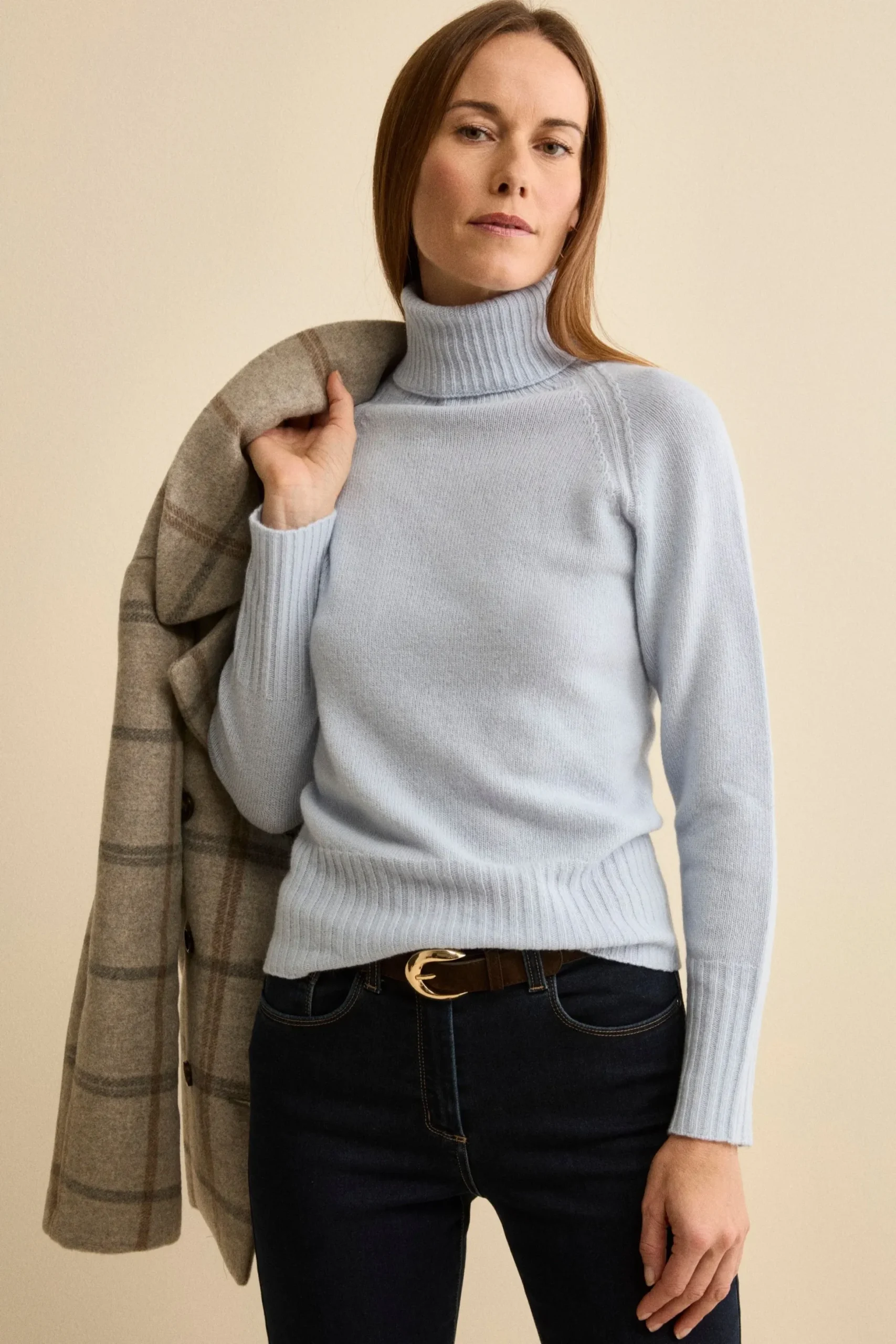 Dolcevita Raglan in Lana e Cashmere con Collo a Coste - AZZURRO